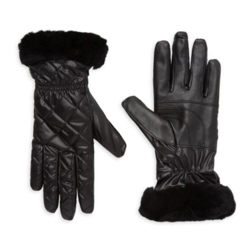 UGG Faux Fur Trim Leather Quited Gloves